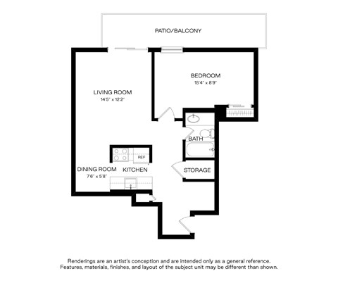 Floor plan for 1 bed, 1 bath, 586 sqft